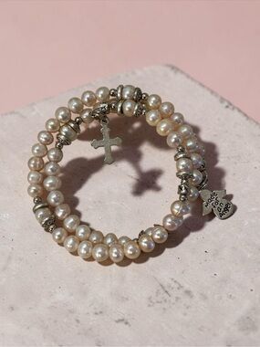 🫶🏻 Peachy Pink Pearl Cross & Angel Charm Wrap Bracelet
